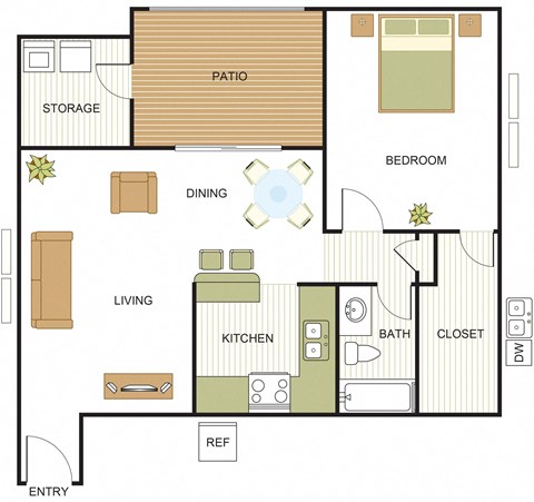 Floor plan for 1 bed, 1 bath, 741 sqft